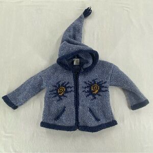Blue Hooded Knit Zip Cardigan with Sun Motifs